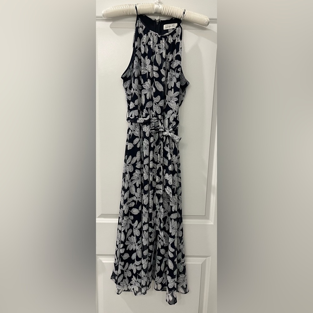 Floral Sleeveless Dress - Navy and White